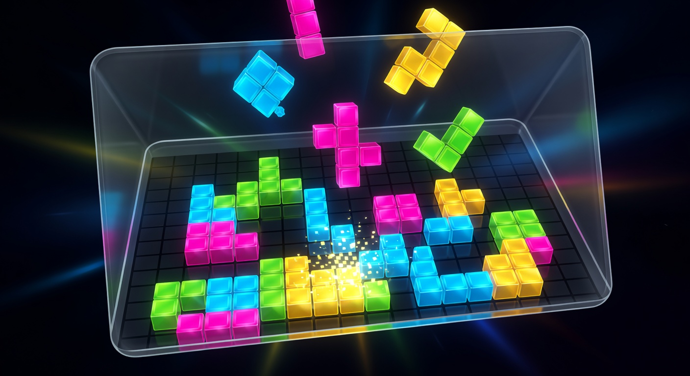 Colorful tetris style blocks falling into place on a dark grid