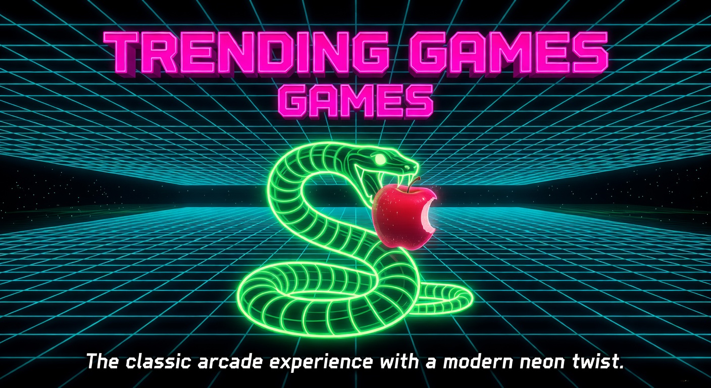 Neon green snake eating an apple in a retro grid arena