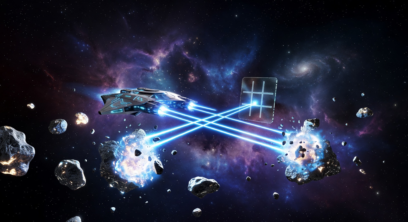 Futuristic spaceship firing bright blue lasers at asteroids