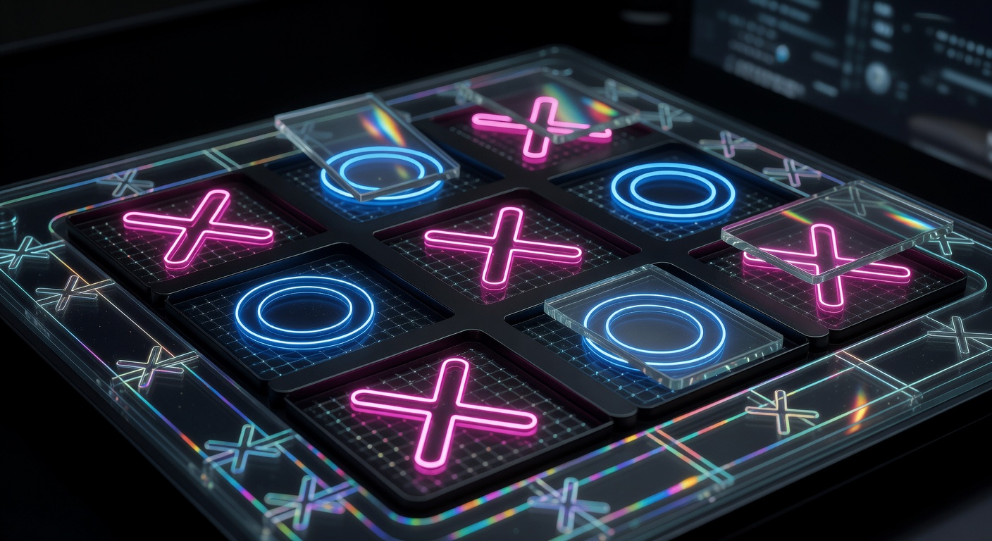 Glowing pink X and blue O on a dark futuristic tic tac toe board